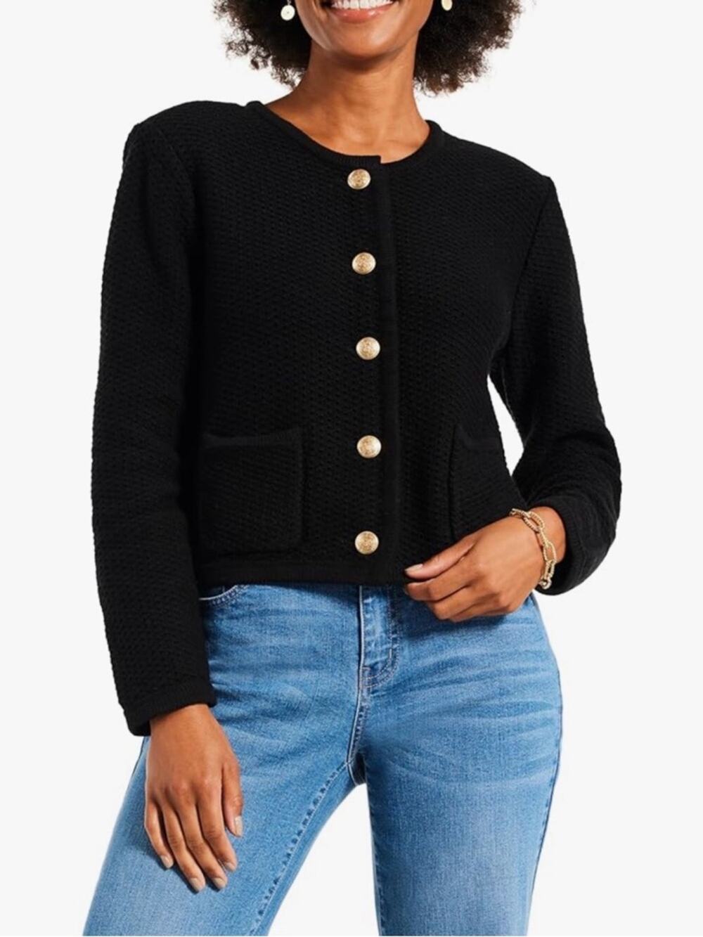 NWT NIC+ZOE Black Gold Button Textured Cardigan Jacket M